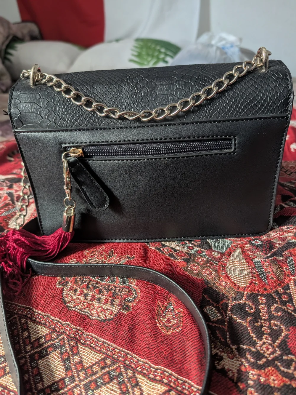 Black Embossed Leather Crossbody Bag with Red Floral Embroidery